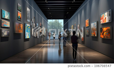 an art gallery with people walking through the gallerys and looking at paintings on the walls are lit by daylight an art gallery with people walking through the gallerys and looking at paintings on the walls are lit by daylight 106708547