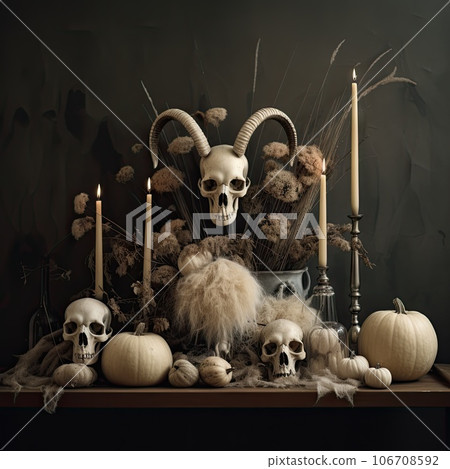 a table with skulls, candles and pumpkins in front of a black wall behind it is an image of a skull surrounded by 106708592