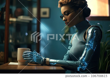 a woman sitting at a table with a coffee cup in her hand, wearing a futuristic suit and holding a mug 106708615