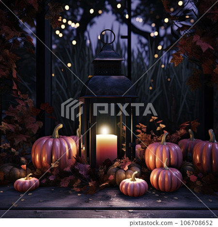pumpkins and candles on a table with lights in the dark night sky behind it is an old lantern surrounded by autumn leaves pumpkins and candles on a table with lights in the dark night sky behind it is an old lantern surrounded by autumn leaves 106708652