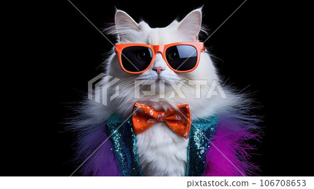 a white cat with sunglasses and a bow tie, dressed up like a fish in a tufful costume 106708653