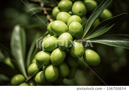some green olives hanging on a tree branch with leaves in the image is blurred and blured by the light 106708654