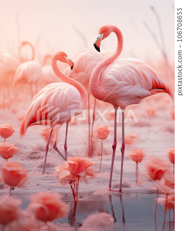 pink flamingos standing in the water with their heads turned to look like they are looking at each other birds pink flamingos standing in the water with their heads turned to look like they are looking at each other birds 106708655