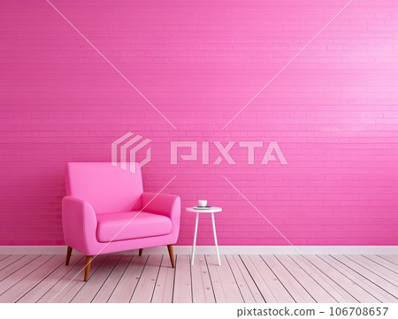 a pink chair in front of a bright pink brick wall with white wooden floor and lamp on the right side 106708657