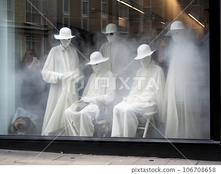 three manne dressed as ghosts in a shop window with smoke coming from the windows and people sitting on the sidewalk three manne dressed as ghosts in a shop window with smoke coming from the windows and people sitting on the sidewalk 106708658