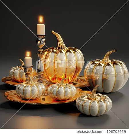 gold and white pumpkins on a plate with a candle in the middle, surrounded by smaller golden pumpkins gold and white pumpkins on a plate with a candle in the middle, surrounded by smaller golden pumpkins 106708659