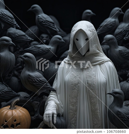 a person dressed as a ghost surrounded by crows and pumpkins in front of a group of black birds on a dark background a person dressed as a ghost surrounded by crows and pumpkins in front of a group of black birds on a dark background 106708660