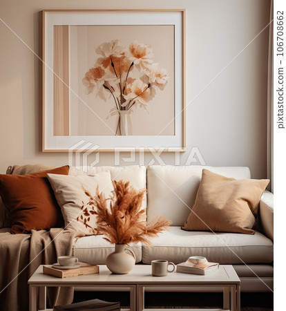 an orange flower on the wall above a white couch and coffee table in a neutral living room with beige walls 106708662