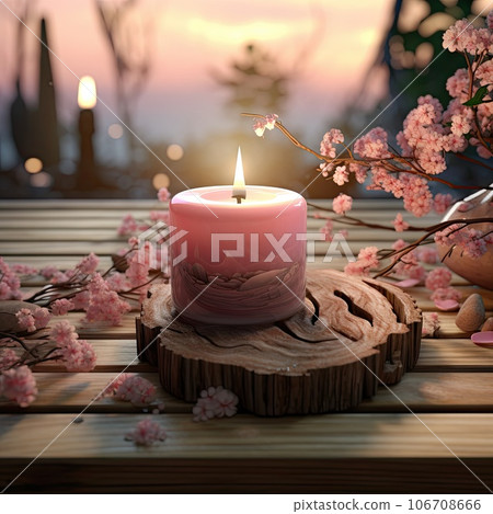 a candle surrounded by pink flowers on a wooden table in front of a blurred background with the sun setting behind a candle surrounded by pink flowers on a wooden table in front of a blurred background with the sun setting behind 106708666