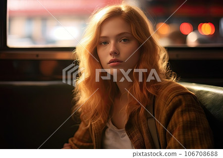 a woman with long red hair sitting on a couch in front of a window, looking at the camera and smiling a woman with long red hair sitting on a couch in front of a window, looking at the camera and smiling 106708688