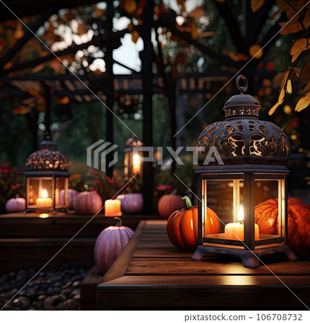 pumpkins and lanterns on a wooden table in front of a tree with fall leaves around them, lit by candle lights pumpkins and lanterns on a wooden table in front of a tree with fall leaves around them, lit by candle lights 106708732
