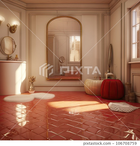 a room with red flooring and white walls, there is a large mirror on the wall in the corner 106708759