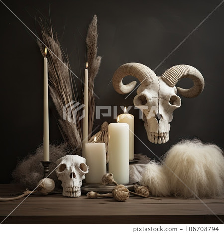 an animal skull, candles and some feathers on a wooden table with a candle in the photo is black background 106708794