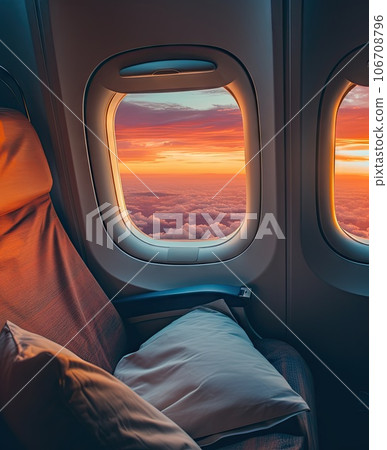 an airplane window with the sun setting in the sky and clouds behind it, as seen from inside the plane an airplane window with the sun setting in the sky and clouds behind it, as seen from inside the plane 106708796