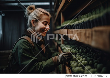 a woman picking grapes from a shelf in a grocery store she is wearing a green jacket and black gloves, smiling at the camera a woman picking grapes from a shelf in a grocery store she is wearing a green jacket and black gloves, smiling at the camera 106708797