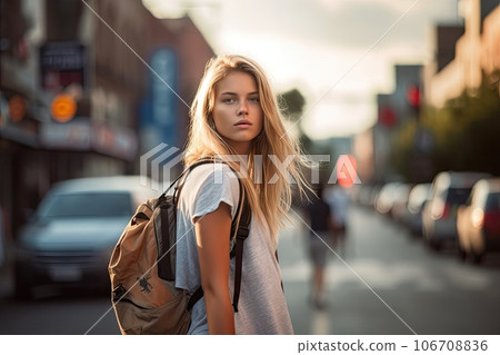 a young woman walking down the street with a backpack on her back, looking at the camera she is wearing a t - shirt a young woman walking down the street with a backpack on her back, looking at the camera she is wearing a t - shirt 106708836