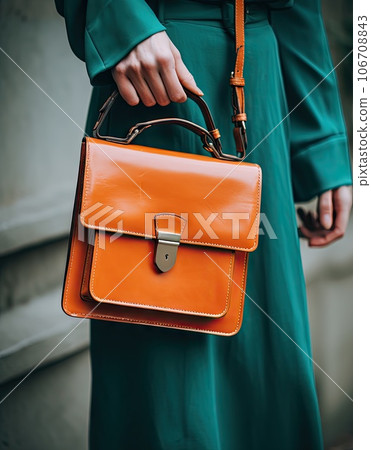 a woman's hand holding an orange leather briefcase bag in her right hand, she is wearing a green dress 106708843