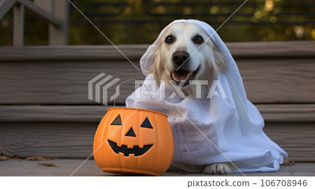 a dog dressed up as a ghost with a pumpkin in it's mouth, sitting on a wooden bench a dog dressed up as a ghost with a pumpkin in it's mouth, sitting on a wooden bench 106708946