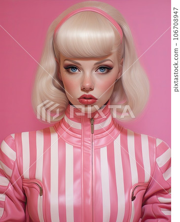 a woman with blonde hair and blue eyes wearing a pink leather jacket, standing in front of a pink background a woman with blonde hair and blue eyes wearing a pink leather jacket, standing in front of a pink background 106708947