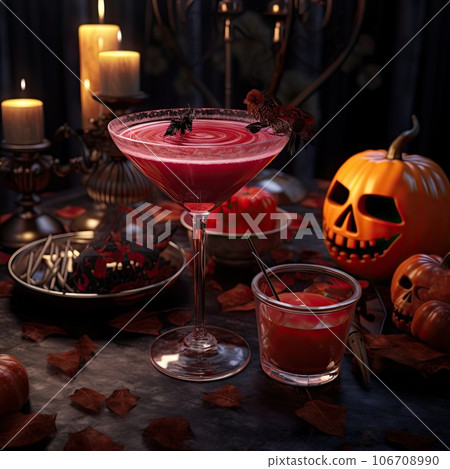 a halloween cocktail with pumpkins and candles in the background, on a table surrounded by autumn leaves for decoration a halloween cocktail with pumpkins and candles in the background, on a table surrounded by autumn leaves for decoration 106708990