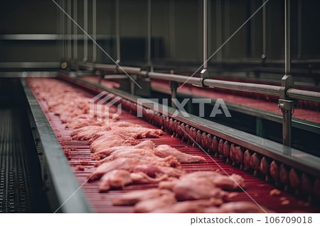 some meat on a convey in a food processing facility, which is being processed for the production of raw pork 106709018