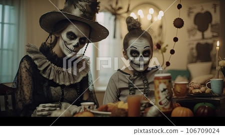 two people dressed as skeletons sitting at a table with pumpkins and candles in front of them, one woman is wearing a skeleton two people dressed as skeletons sitting at a table with pumpkins and candles in front of them, one woman is wearing a skeleton 106709024