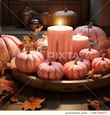 some pumpkins and candles on a table with autumn leaves around it, as seen from above the image is a candle surrounded by 106709071
