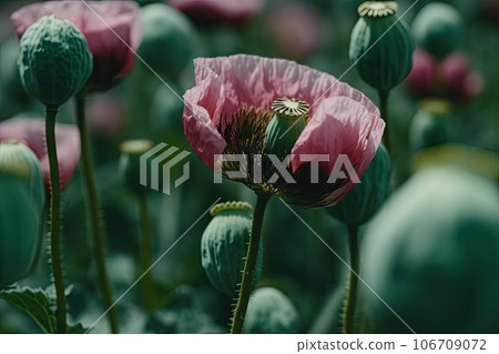 some pink flowers with green leaves in the middle and one flower on the right side, surrounded by other buds 106709072