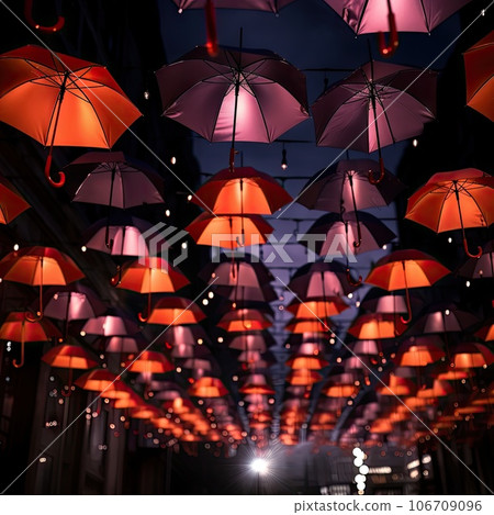 many umbrellas hanging from the ceiling in an alley at night, with lights on them and people walking down the street 106709096