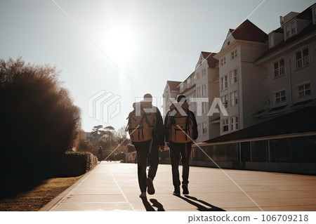two people walking down the street with backpacks on their back and one person carrying a bag in his hand 106709218