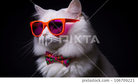 a white cat wearing red sunglasses and a pink bow tie, on a black background with space for your text a white cat wearing red sunglasses and a pink bow tie, on a black background with space for your text 106709221