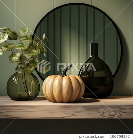 two pumpkins on a table with a mirror and vase in the photo is blurred green wallpaper behind them 106709222