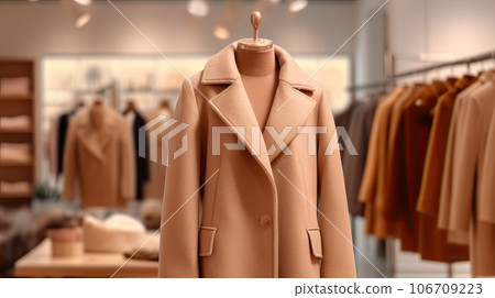 a coat hanging on a rack in a clothing store, with the background blurred to reveal an empty shop space a coat hanging on a rack in a clothing store, with the background blurred to reveal an empty shop space 106709223