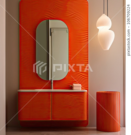 a modern bathroom with an orange cabinet and white sink in the background is a large round mirror on the wall a modern bathroom with an orange cabinet and white sink in the background is a large round mirror on the wall 106709224
