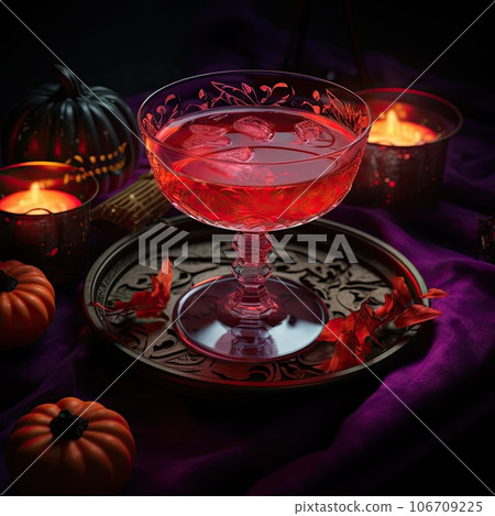 a drink in a glass on a table with candles and pumpkins around it for halloween night party stock photo a drink in a glass on a table with candles and pumpkins around it for halloween night party stock photo 106709225