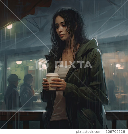 a woman holding a cup and looking at her phone while standing in front of a window with people walking by a woman holding a cup and looking at her phone while standing in front of a window with people walking by 106709226