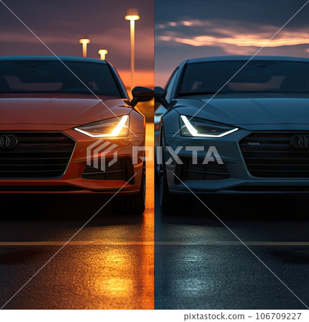 the front and side view of an audi car at night with its headlights turned to look like they are facing each other cars the front and side view of an audi car at night with its headlights turned to look like they are facing each other cars 106709227