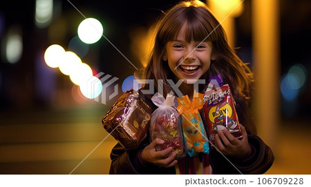 a little girl holding some candys and smiling at the camera while she is walking down the street in front of her 106709228
