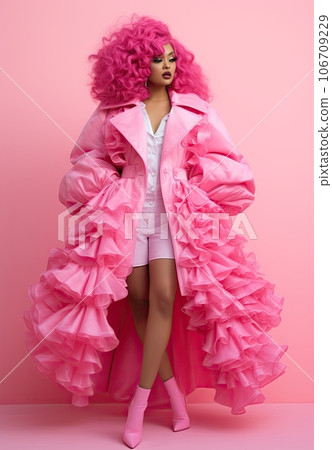 a woman with pink hair wearing a pink coat and white shorts, standing in front of a bright pink background a woman with pink hair wearing a pink coat and white shorts, standing in front of a bright pink background 106709229