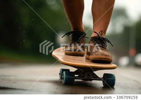 someone's feet on a skateboard in the middle of the road, with rain falling down over them 106709258