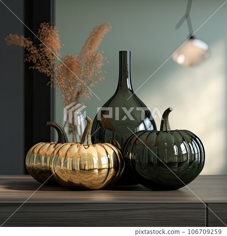 two decorative pumpkins sitting on a table next to a vase with dried flowers in the photo is blurred and blurry 106709259
