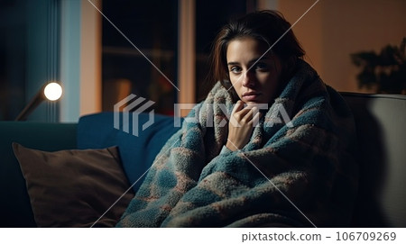 a woman wrapped up in a blanket sitting on a couch at night with her hand under her chin and looking sad 106709269