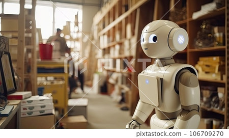 a robot that is standing in the middle of a room with lots of boxes on the floor and shelves behind it a robot that is standing in the middle of a room with lots of boxes on the floor and shelves behind it 106709270