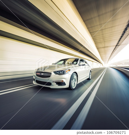 a white car driving through a tunnel with motion bluring around the vehicle's headlight and front lights 106709271