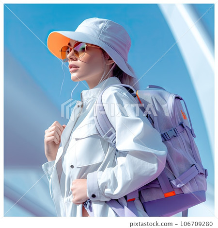 a woman wearing an orange hat and white jacket, holding a purple backpack in front of her back to the camera a woman wearing an orange hat and white jacket, holding a purple backpack in front of her back to the camera 106709280