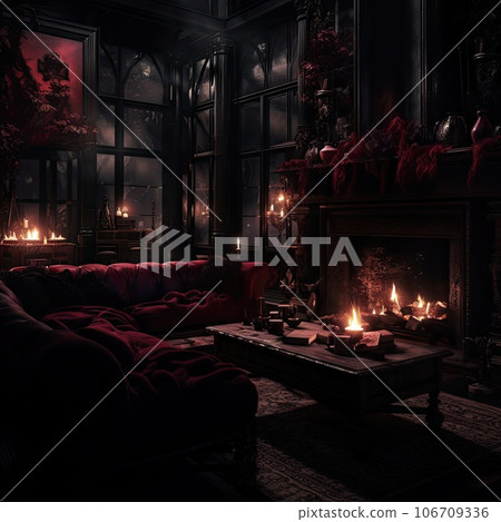 a living room with a fire in the fireplace and lots of candles on the coffee table next to the couch 106709336