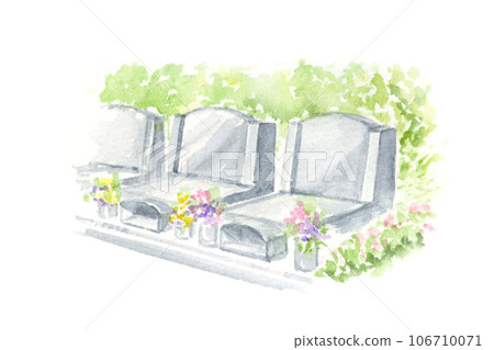 Graves lined up in a public cemetery, analog watercolor painting 106710071