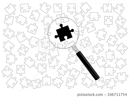用放大鏡在白色拼圖中找到黑色的一塊 106711754