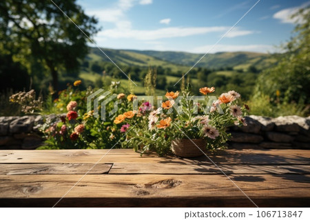 Empty wooden table with picnic in garden background. Generative AI Empty wooden table with picnic in garden background. Generative AI 106713847