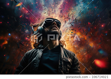 Boy wearing virtual reality headset. VR goggles innovation technology. Generative AI 106714021